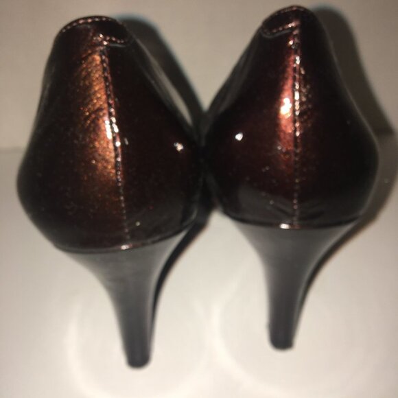 Me Too Chocolate Brown Heels 3 Inch Patent Strap/Buckle - Picture 5 of 13